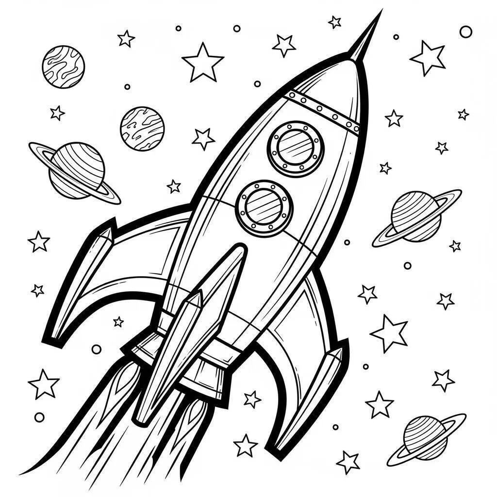 Página para colorear de cohete espacial con planetas y estrellas