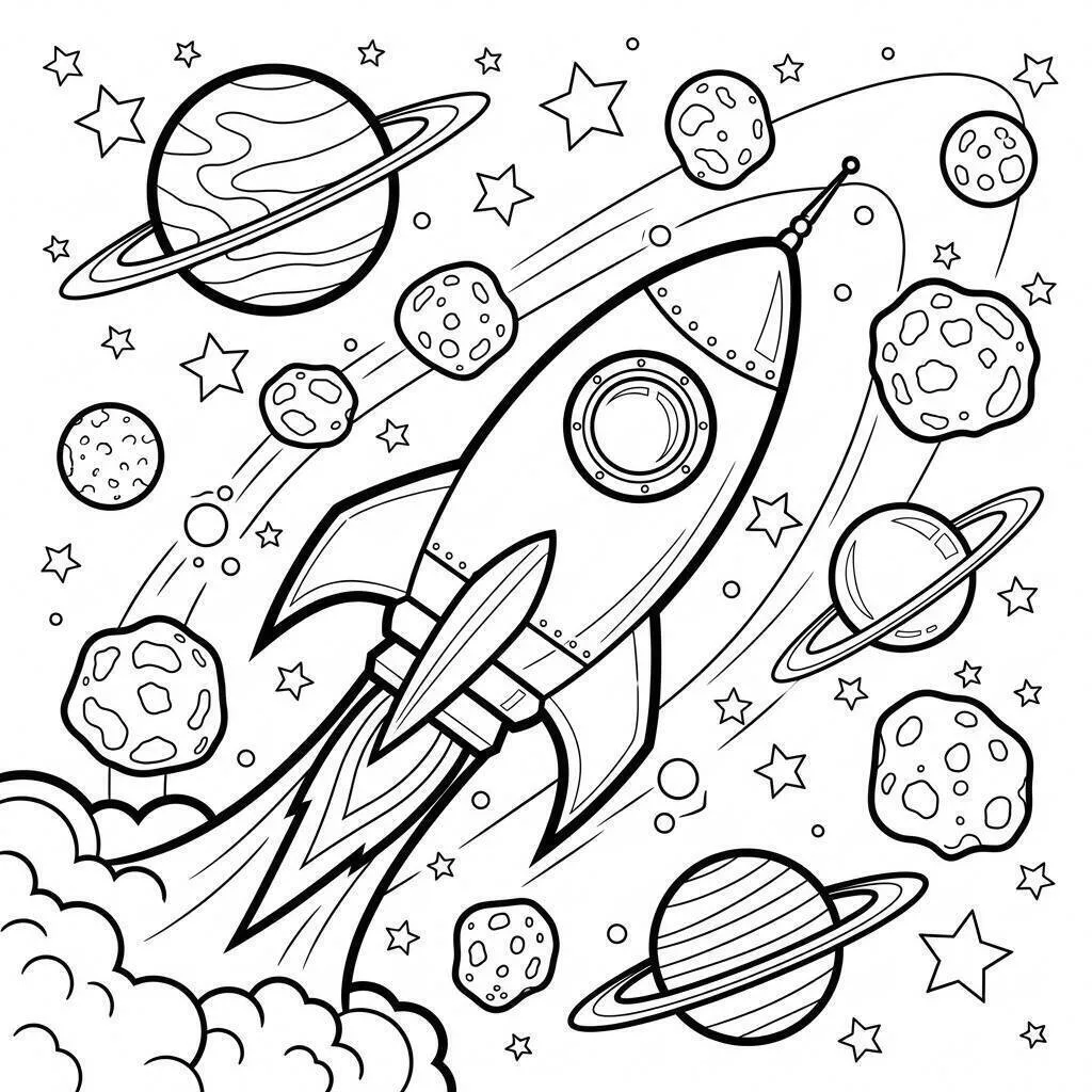 Cohete Espacial con Planetas y Asteroides para Colorear