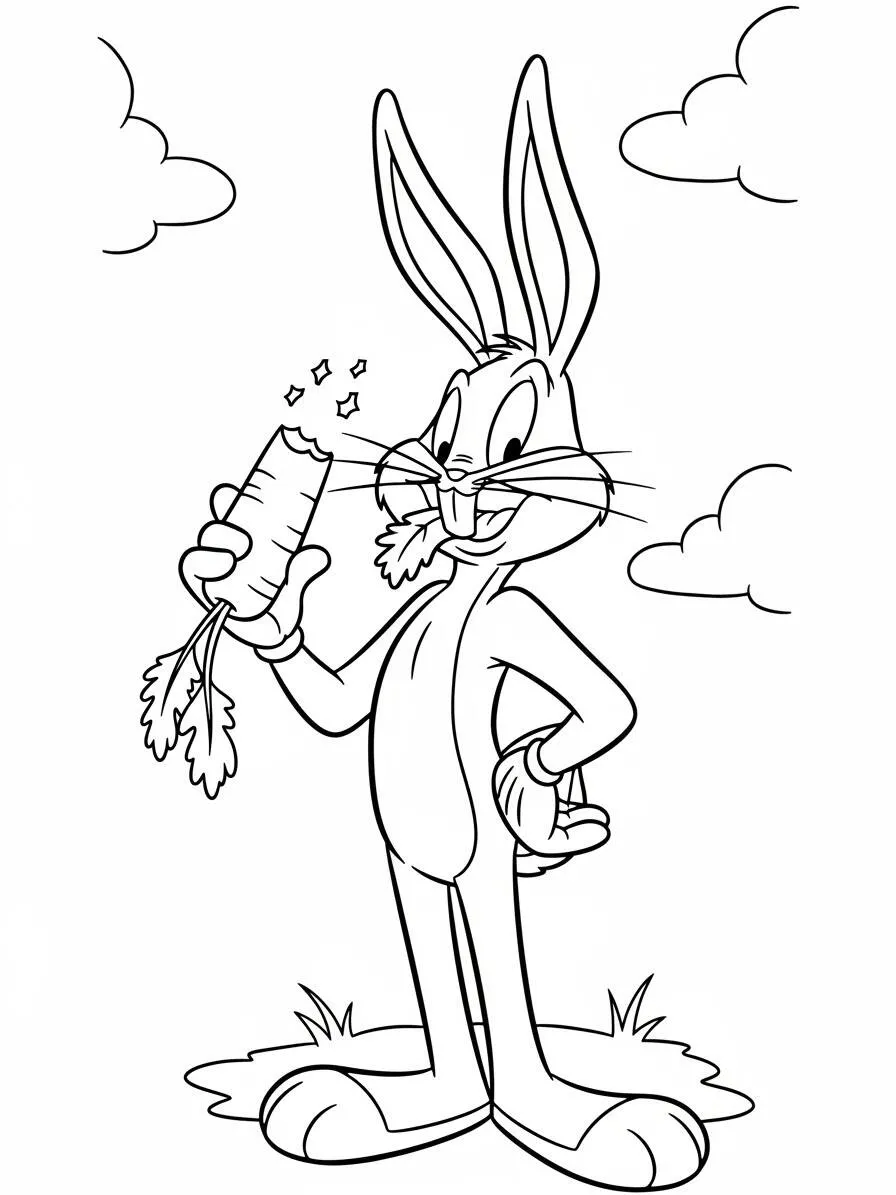 Looney Tunes Bugs Bunny with Carrot Coloring Page