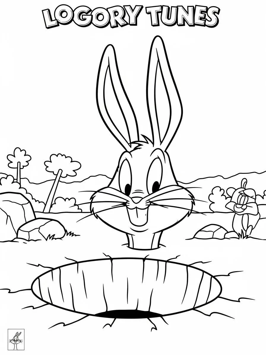 Dibujo para colorear de looney tunes Bugs Bunny en la madriguera