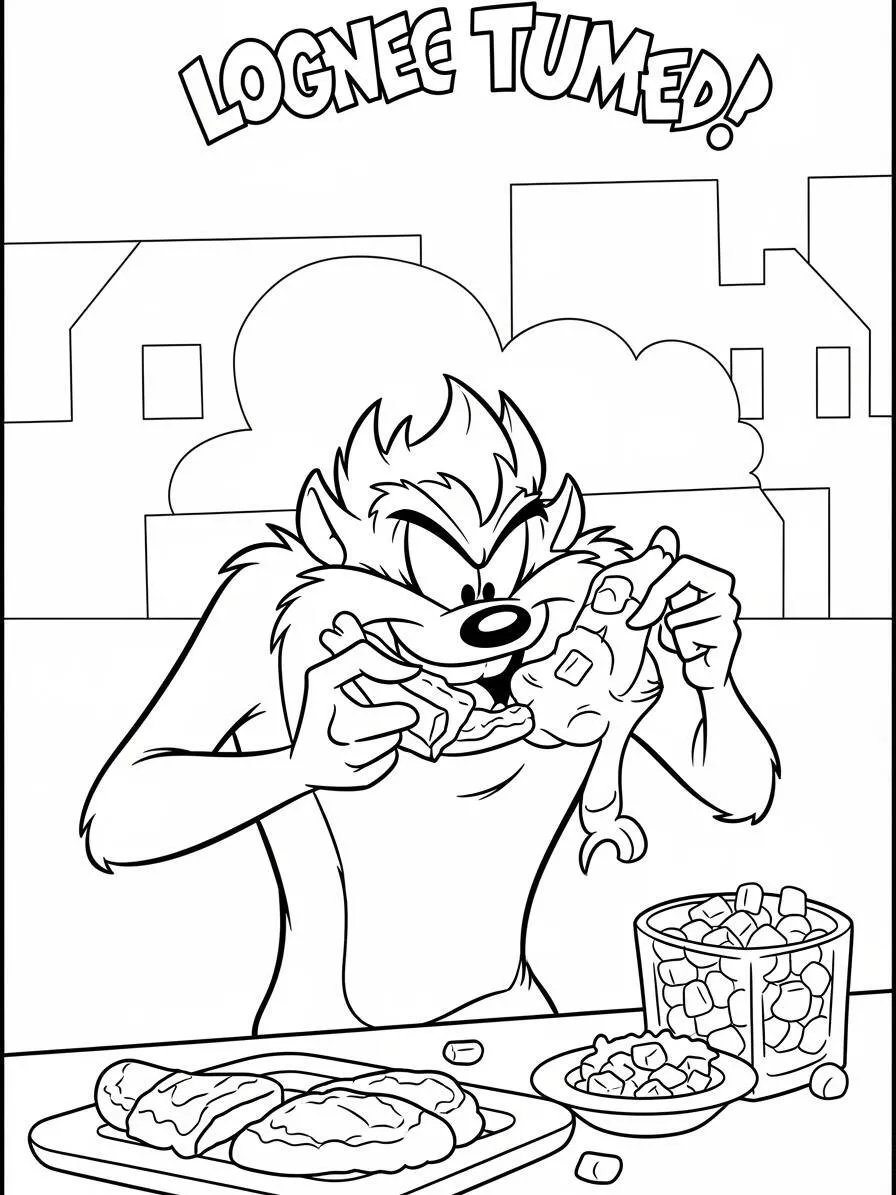 Desenho de Looney Tunes Taz Diabo da Tasmânia comendo para Colorir