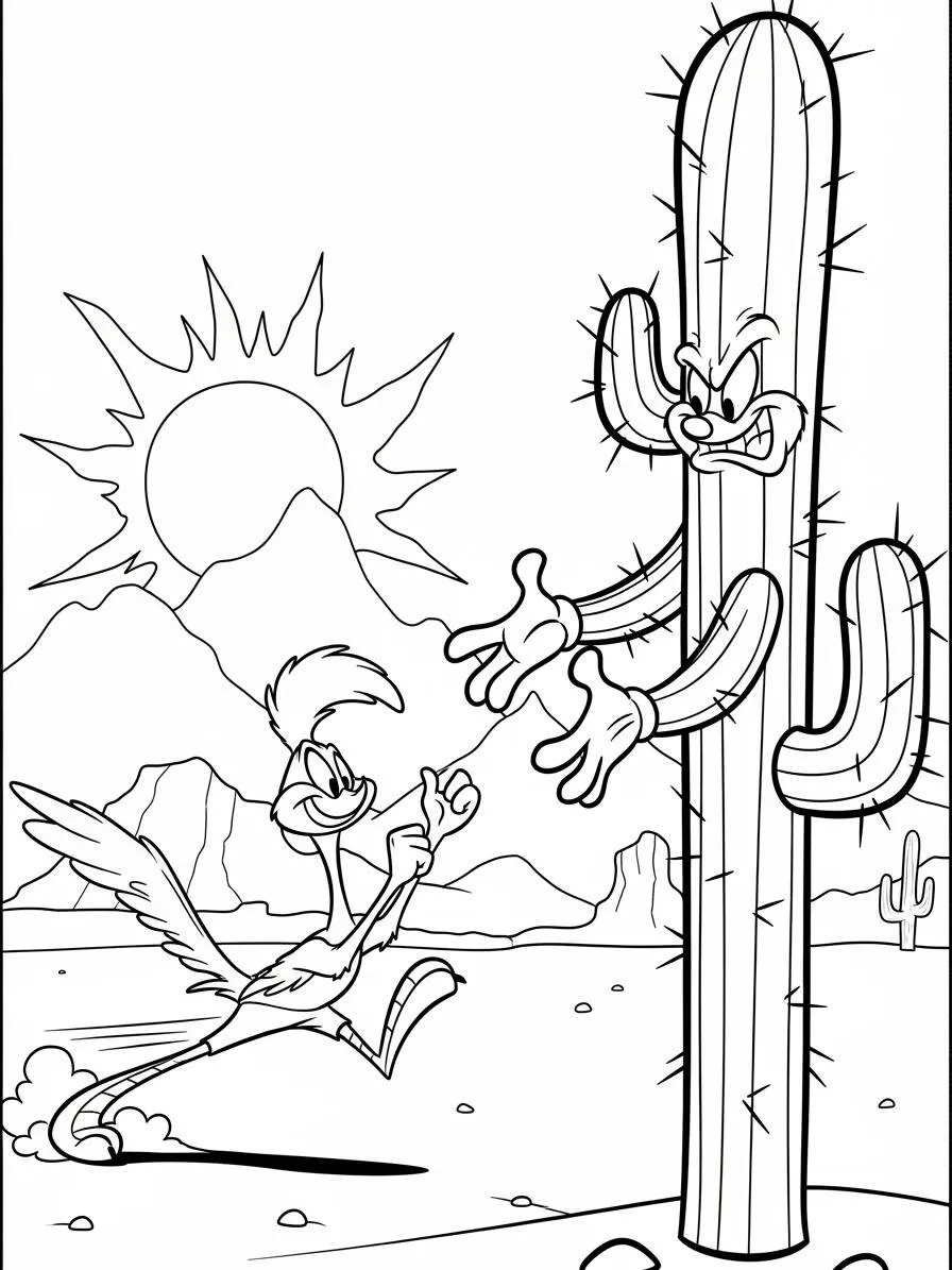 Desenho de Looney Tunes Papa Léguas e Cacto para Colorir