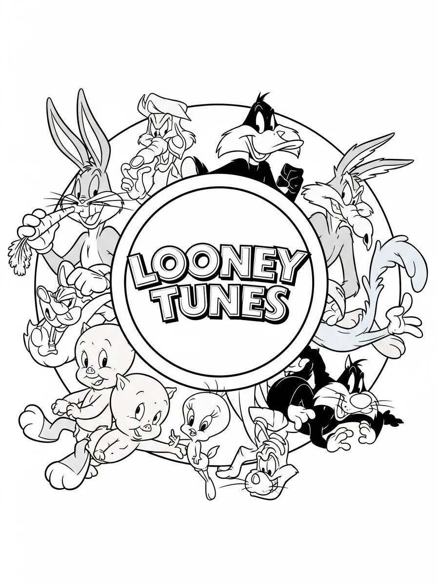 Desenho de Looney Tunes com Pernalonga, Patolino e Amigos para Colorir
