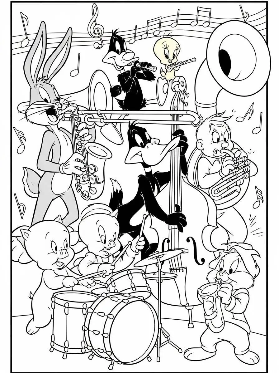 Desenho de Looney Tunes com Pernalonga, Patolino e Piu Piu para Colorir