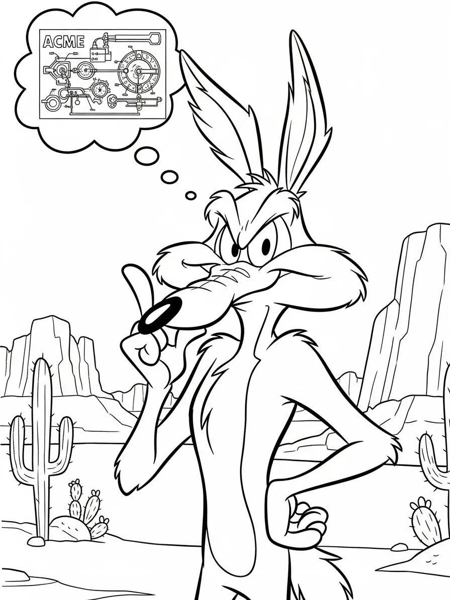 Desenho de Looney Tunes Eufrazino Coiote Pensando na ACME para Colorir