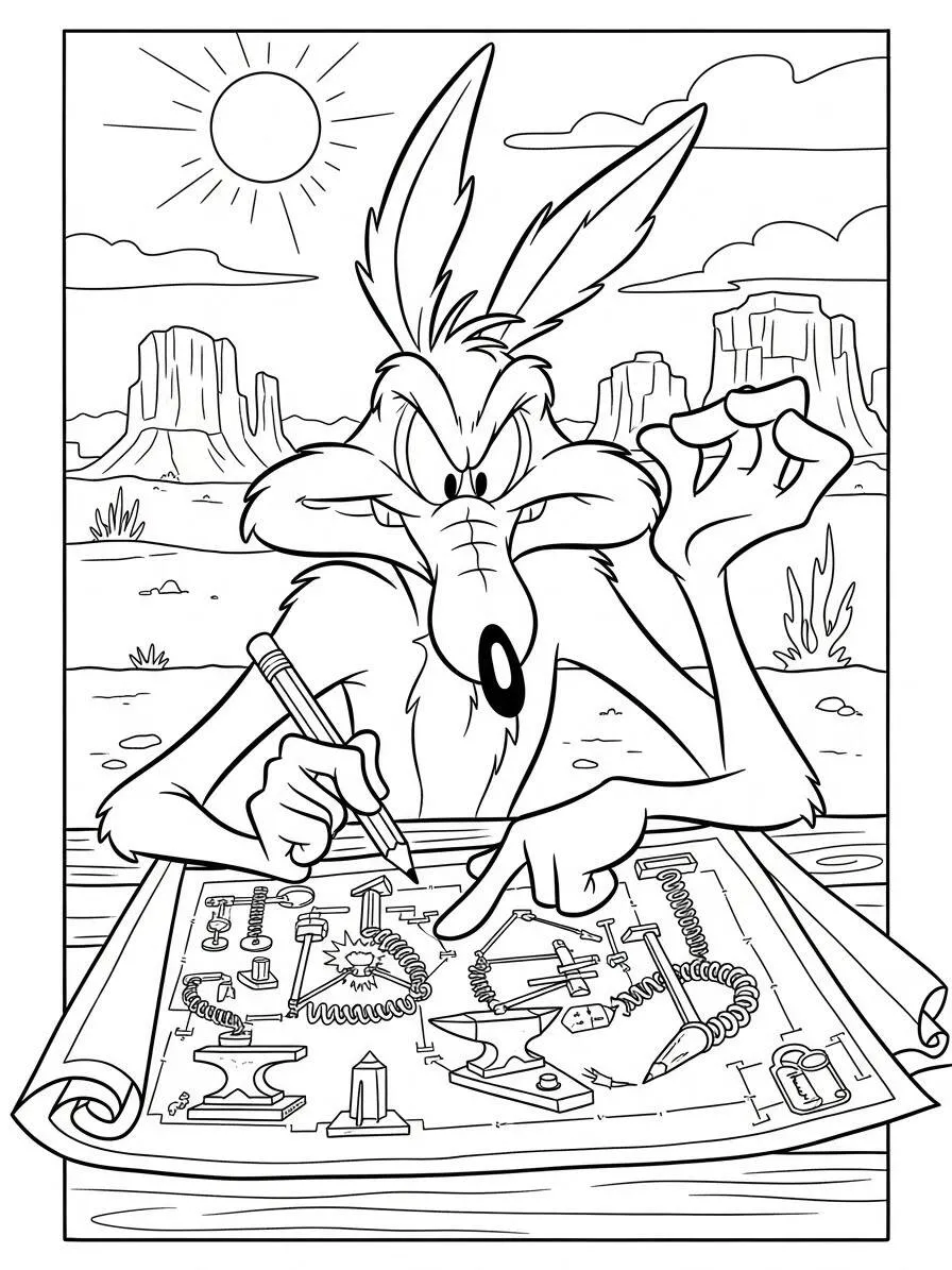 Desenho de Looney Tunes Eufrazino Coiote Planejando Armadilhas para Colorir