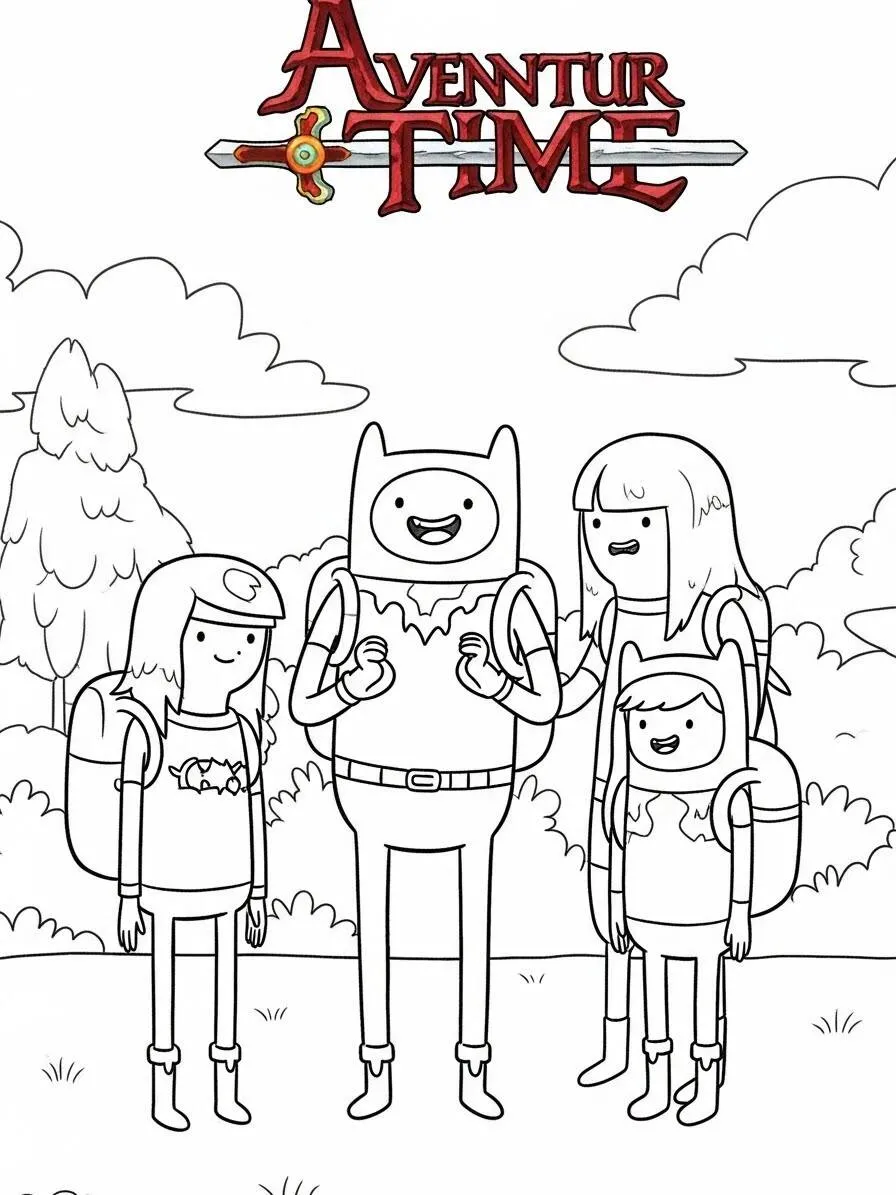Pagina da colorare di Adventure Time Finn, Jake e i suoi amici