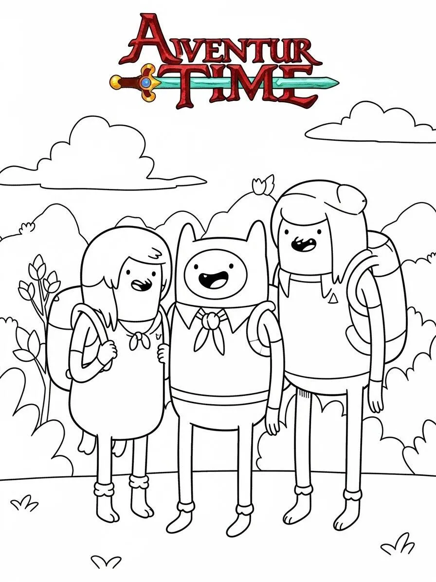 Pagina da colorare di Adventure Time Finn, Jake e la principessa Bubblegum