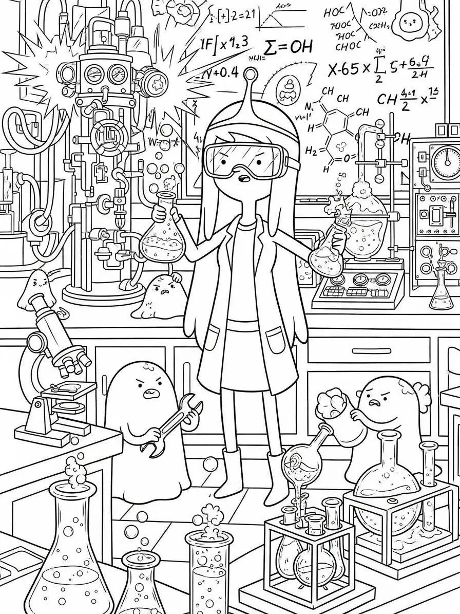Adventure Time Princess Bubblegum nella sua pagina da colorare di laboratorio