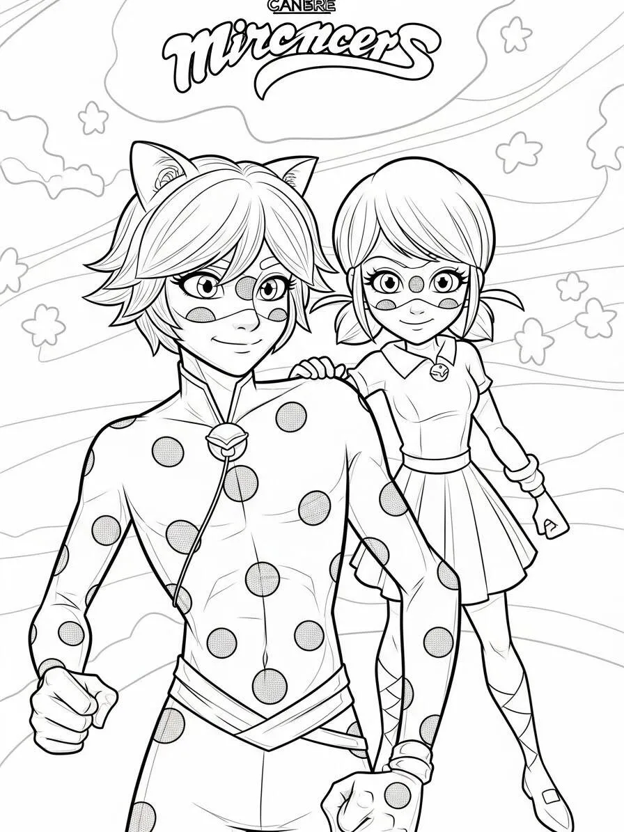 Desenho de Miraculous Ladybug e Cat Noir para Colorir