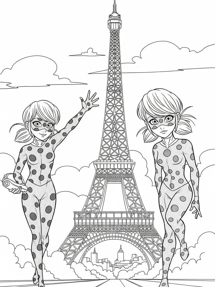 Desenho de Miraculous Ladybug e sua Amiga com a Torre Eiffel para Colorir