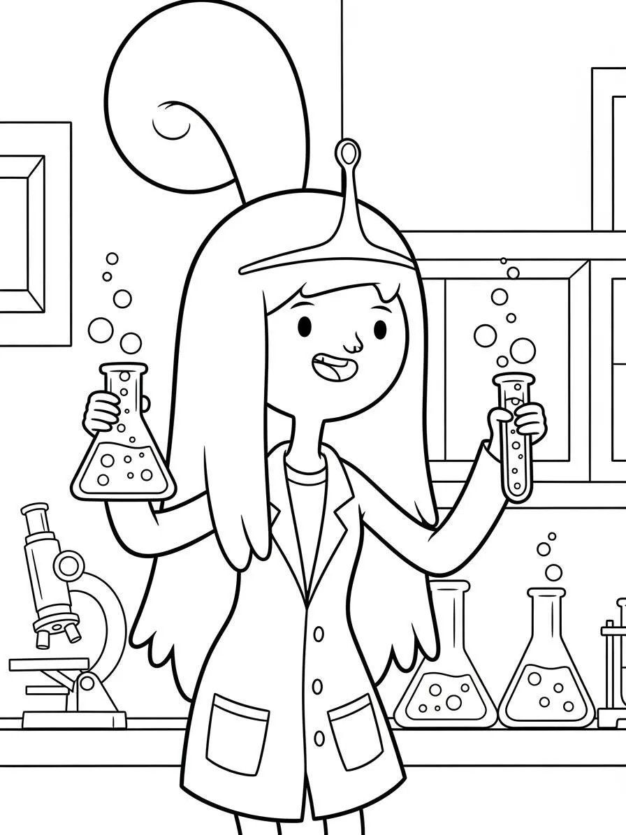Adventure Time Princess Bubblegum nella sua pagina da colorare di laboratorio