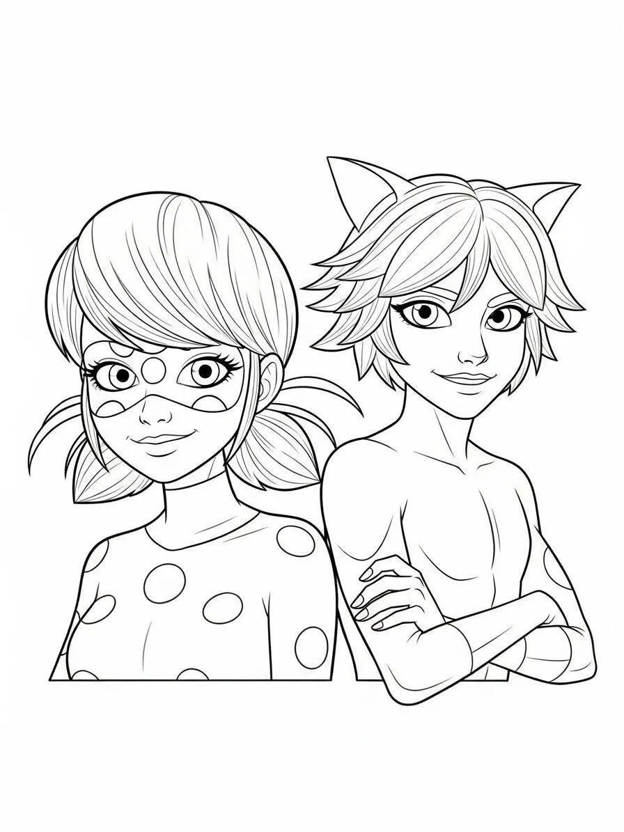Desenho de Miraculous Ladybug e Cat Noir para Colorir