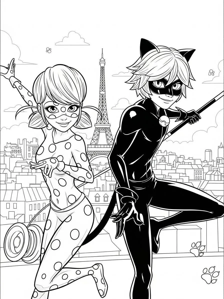 Desenho de Miraculous Ladybug e Cat Noir em Paris para Colorir