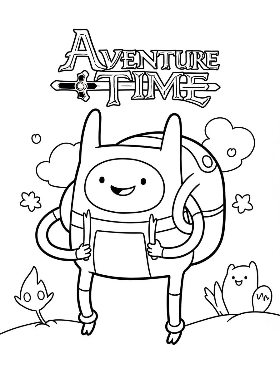Malvorlage „Adventure Time Finn mit Rucksack“.