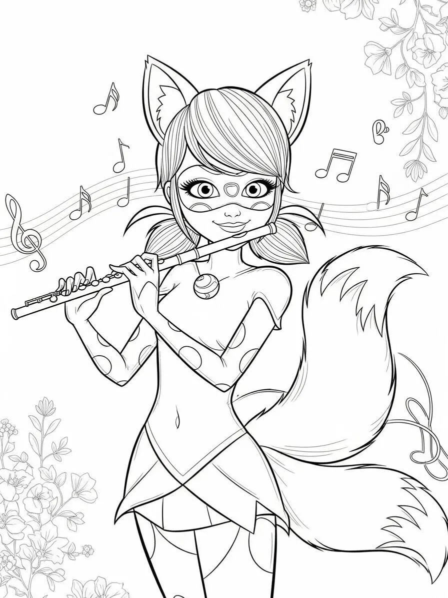 Desenho de Miraculous Ladybug com Cat Noir e Flauta para Colorir