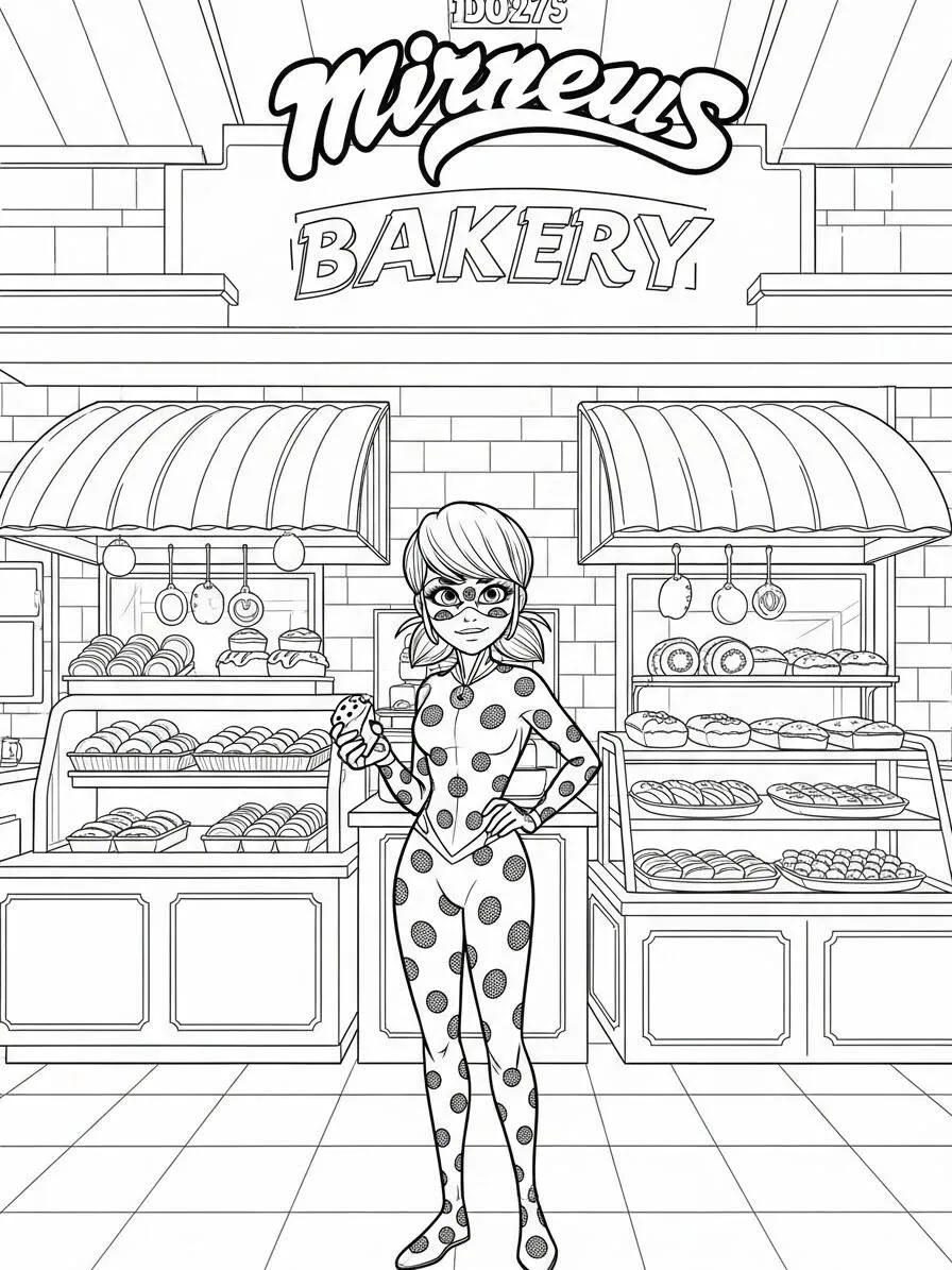 Dibujo para colorear de Mariquita milagrosa en la panadería