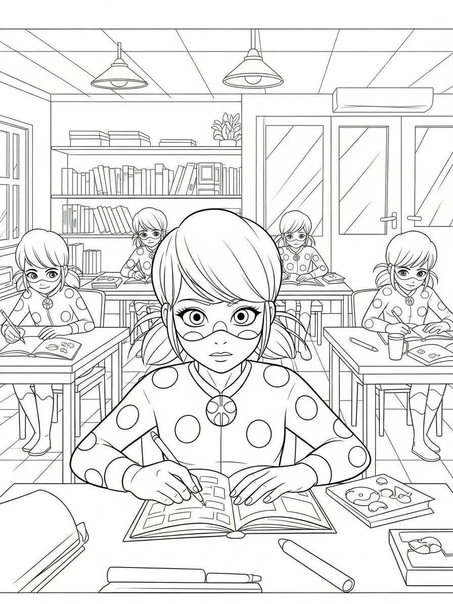 Dibujo para colorear de Mariquita milagrosa Marinette en el aula