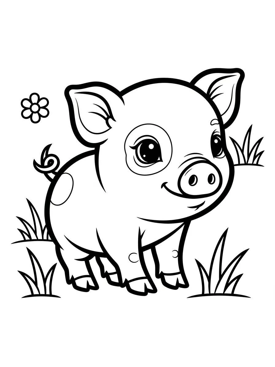 Desenho de Porquinho Fofo em um Campo para Colorir