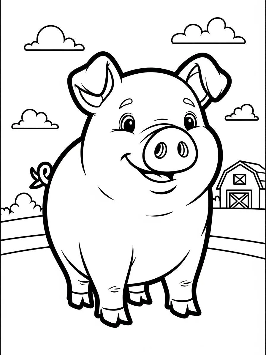 Desenho de Porco Feliz em um Campo para Colorir