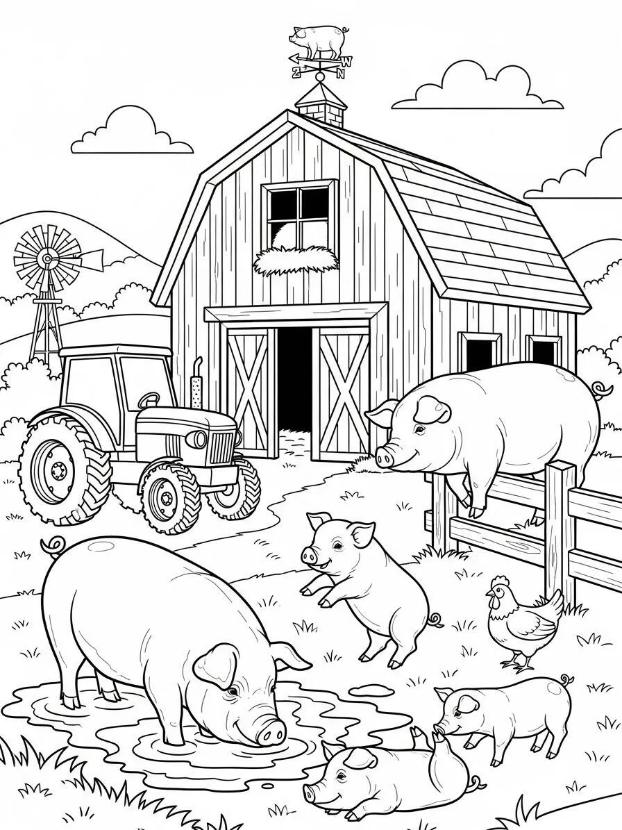 Desenho de Porcos Brincando na Fazenda para Colorir