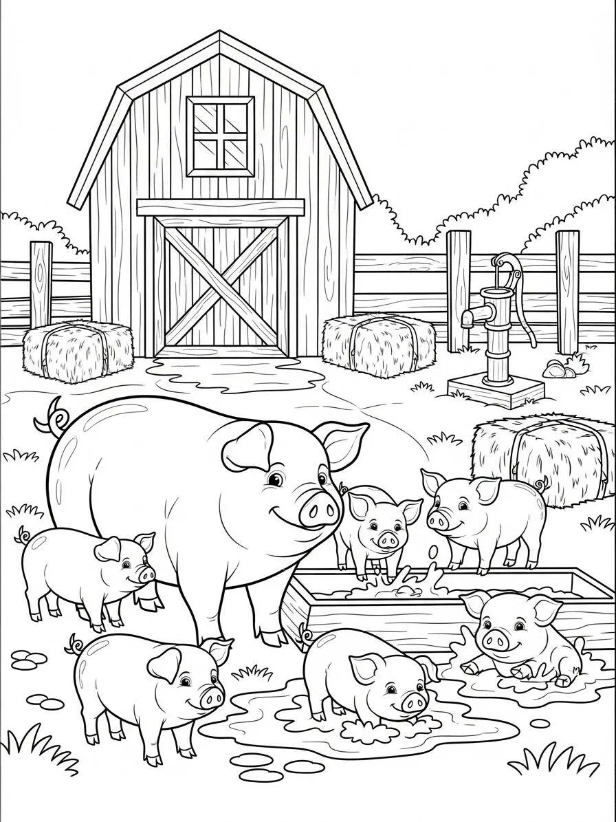 Desenho de Porcos Brincando na Lama para Colorir