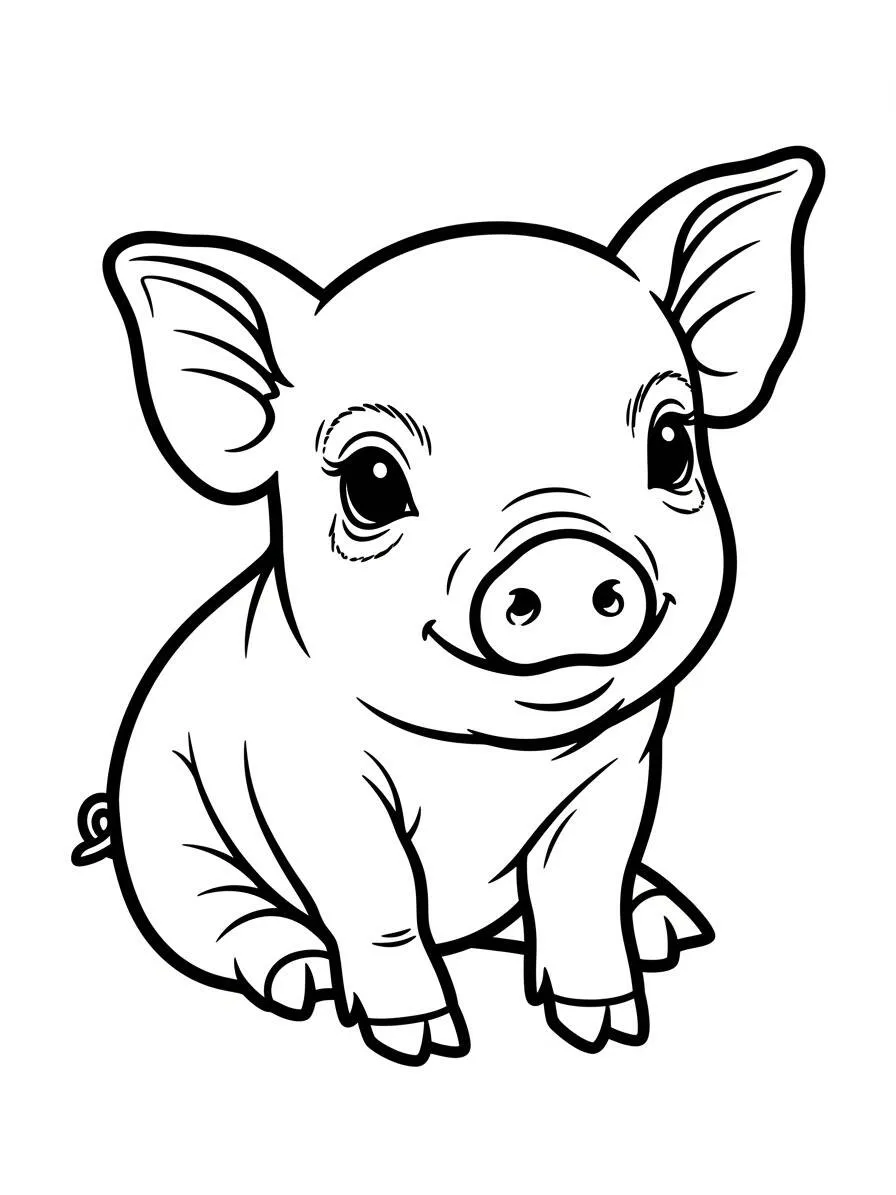 Desenho de Porquinho Fofo Sentado para Colorir