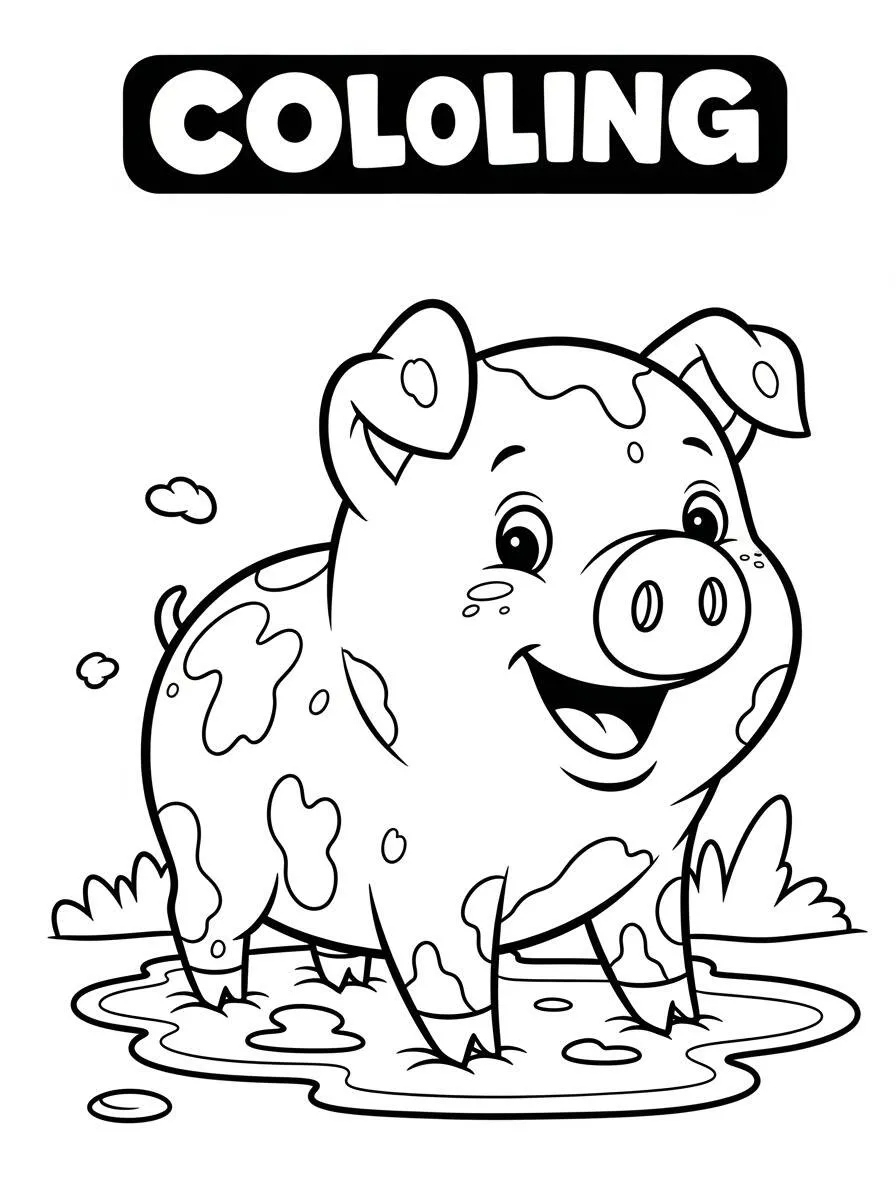 Desenho de Porco Sorridente na Lama para Colorir