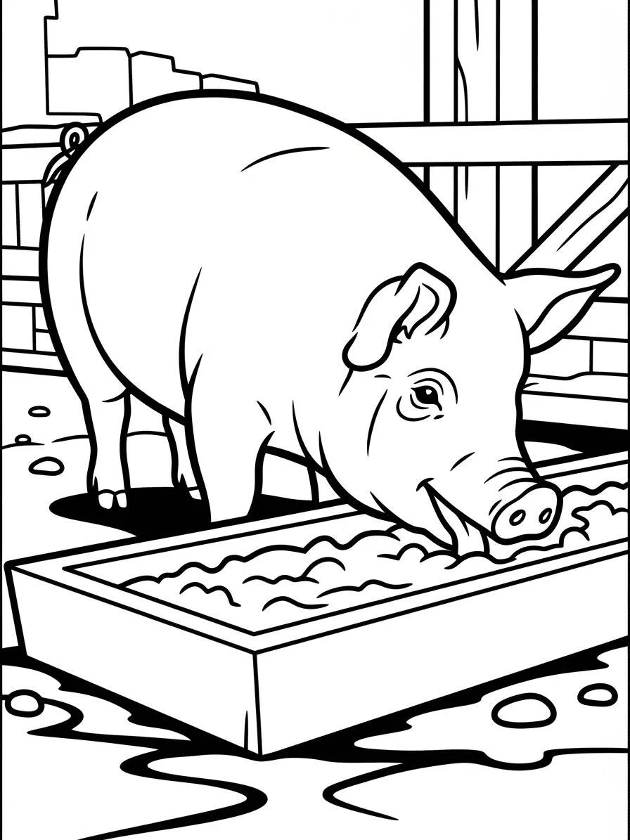 Desenho de Porco a Comer na Caixa de Comida para Colorir