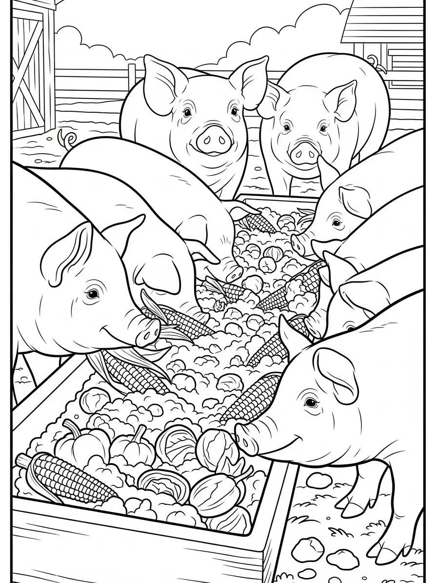 Desenho de Porcos a Comer Ração para Colorir