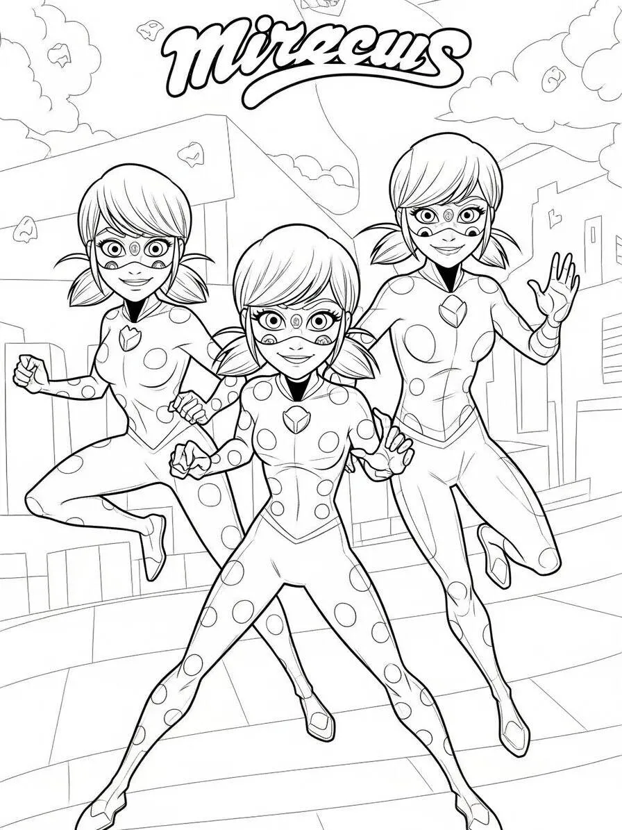 Dibujo para colorear de Mariquita milagrosa con tres Marinette