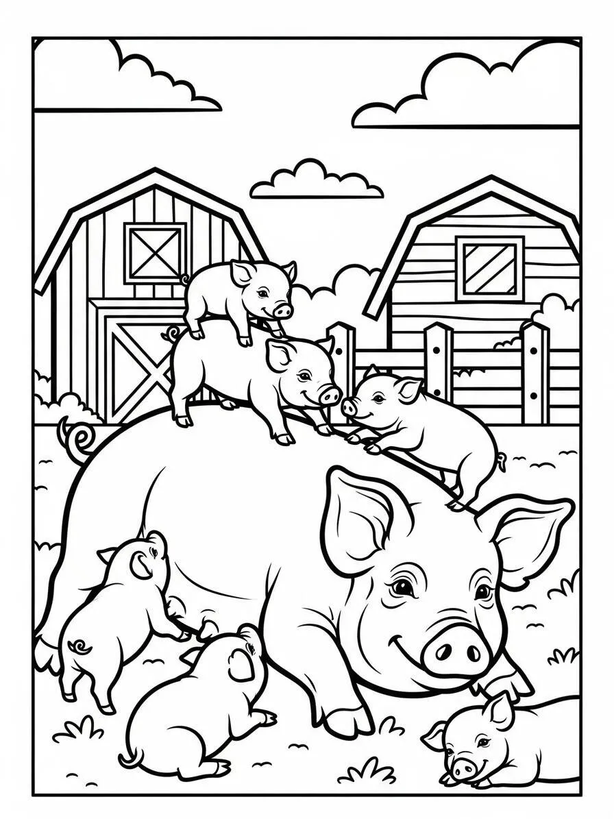 Desenho de Porco com Leitõezinhos Brincando para Colorir