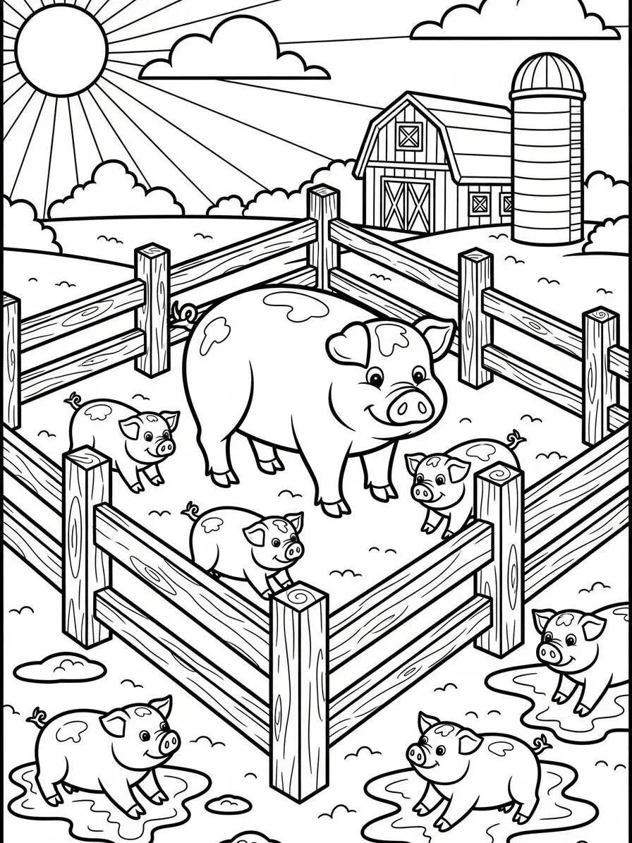 Desenho de Porco com Leitõezinhos Brincando na Fazenda para Colorir