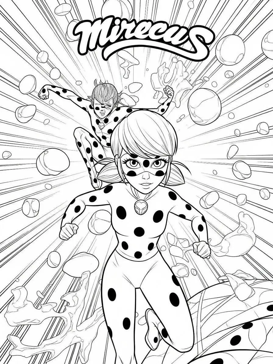 Página para colorear de Mariquita Milagrosa y Cat Noir en acción