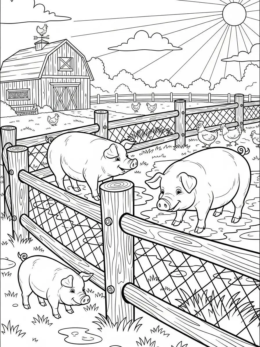 Desenho de Porcos Brincando na Fazenda para Colorir
