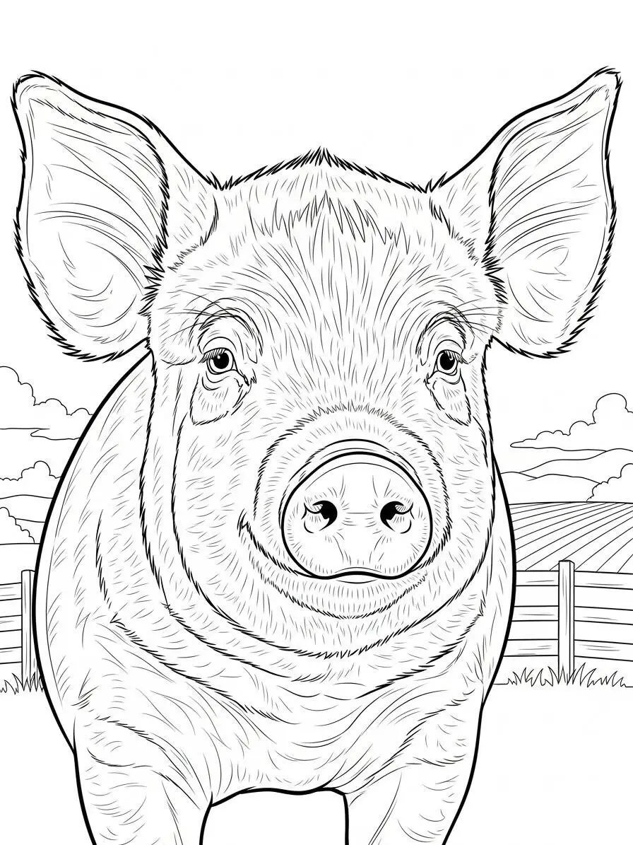 Página para colorear de cerdo feliz en el campo