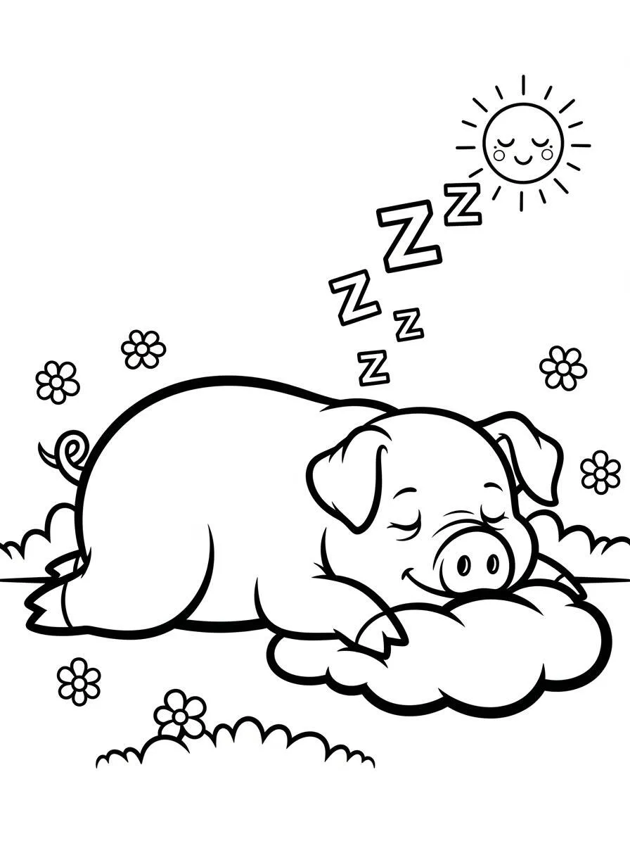 Página para colorear de cerdo durmiendo en la nube