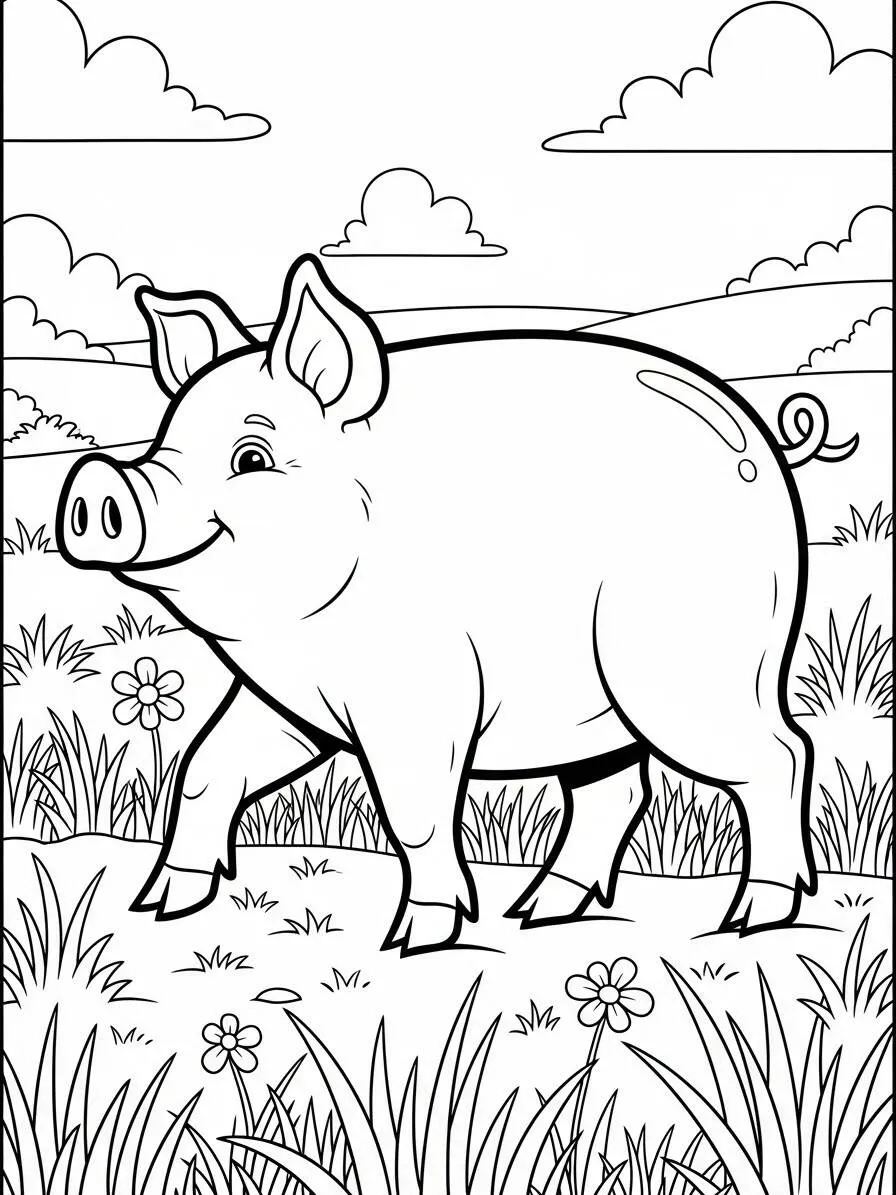 Página para colorear de cerdo feliz caminando por el campo