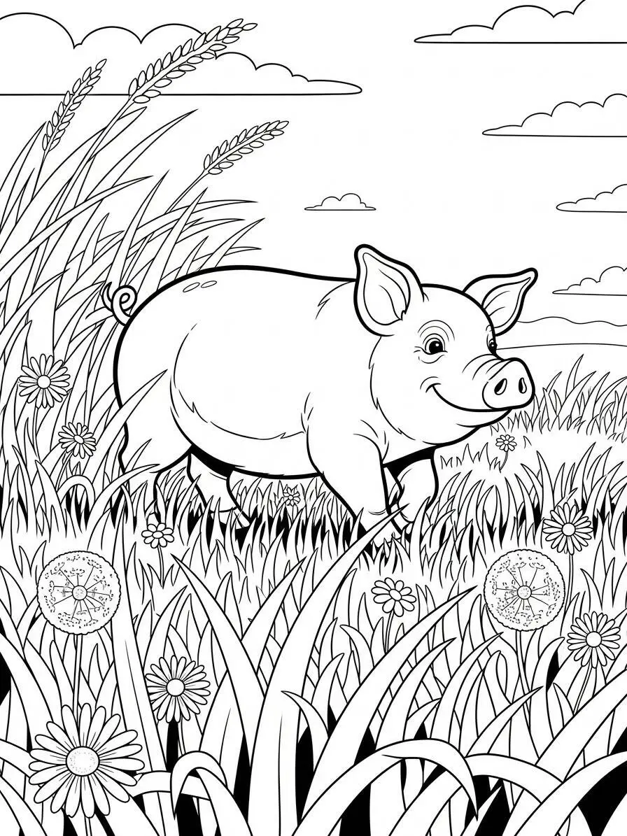 Dibujo de Cerdo alegre paseando por el campo para colorear