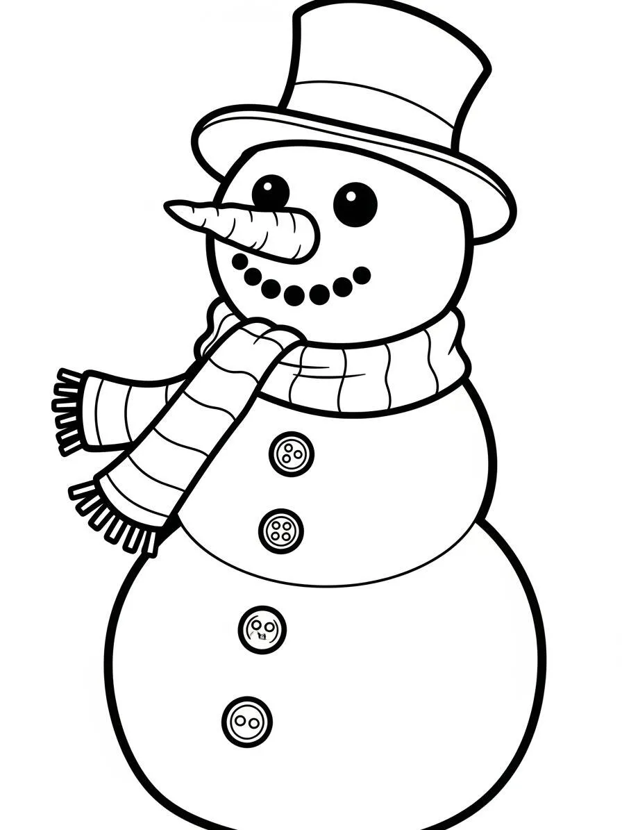 Dibujo de Muñeco de nieve con sombrero de copa y bufanda para colorear