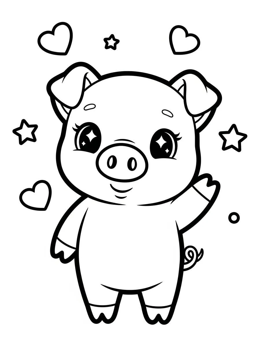 Página para colorear de cerdo kawaii saludando con corazón