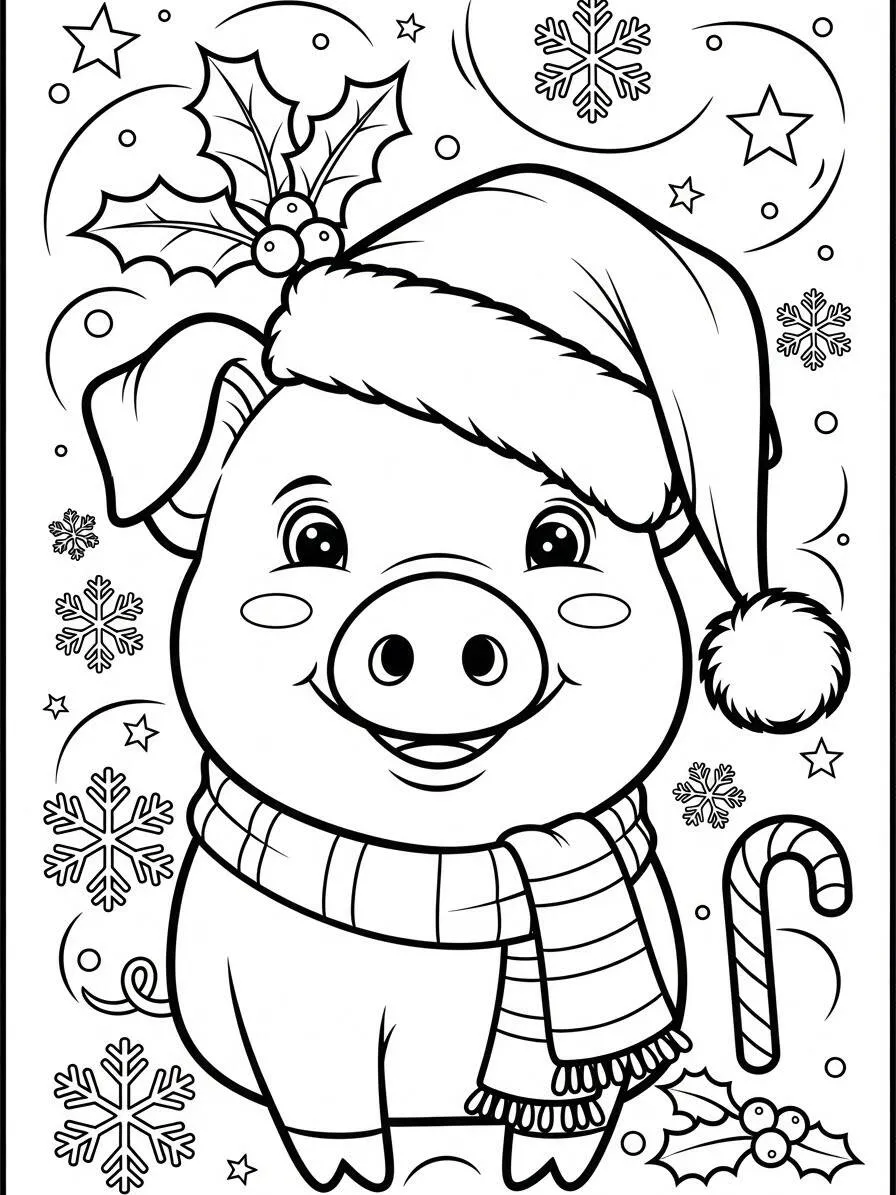 Página para colorear de cerdo navideño con sombreros y adornos