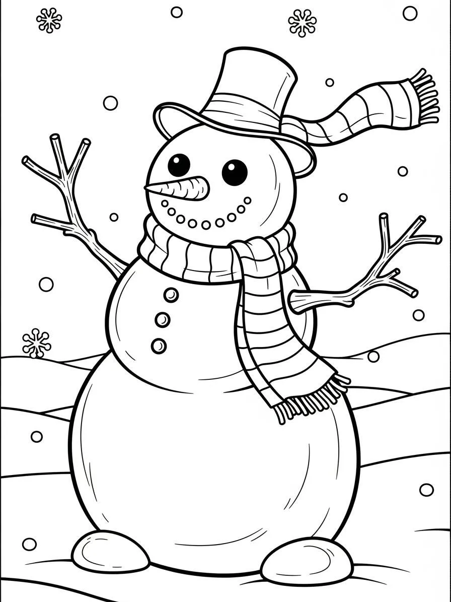 Dibujo de Muñeco de nieve con sombrero y bufanda para colorear