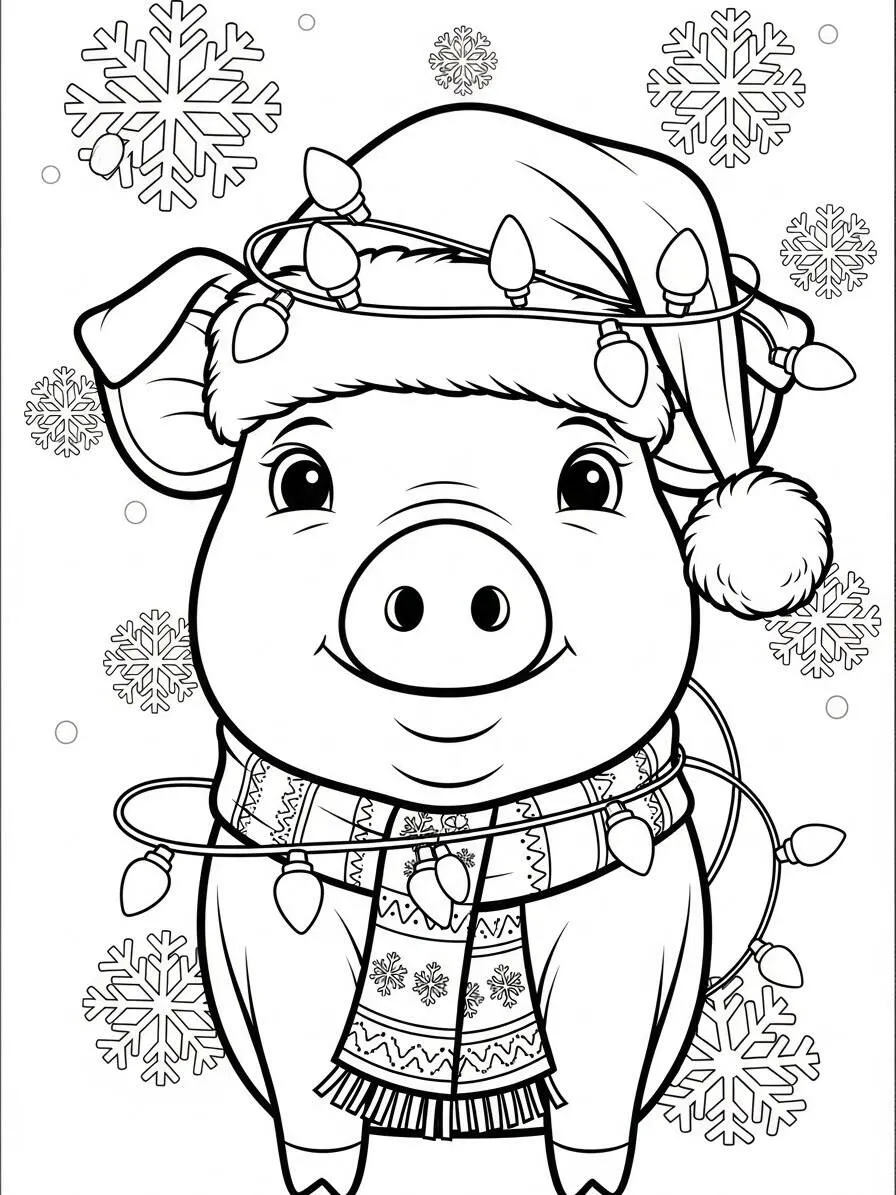 Página para colorear de cerdo navideño con sombrero y luces
