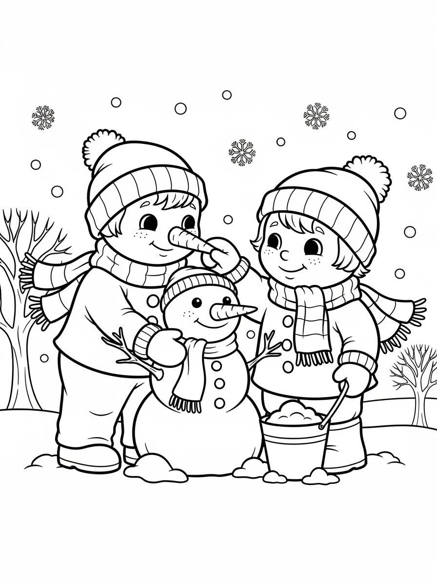 Dibujo para colorear de muñeco de nieve y edificio infantil.