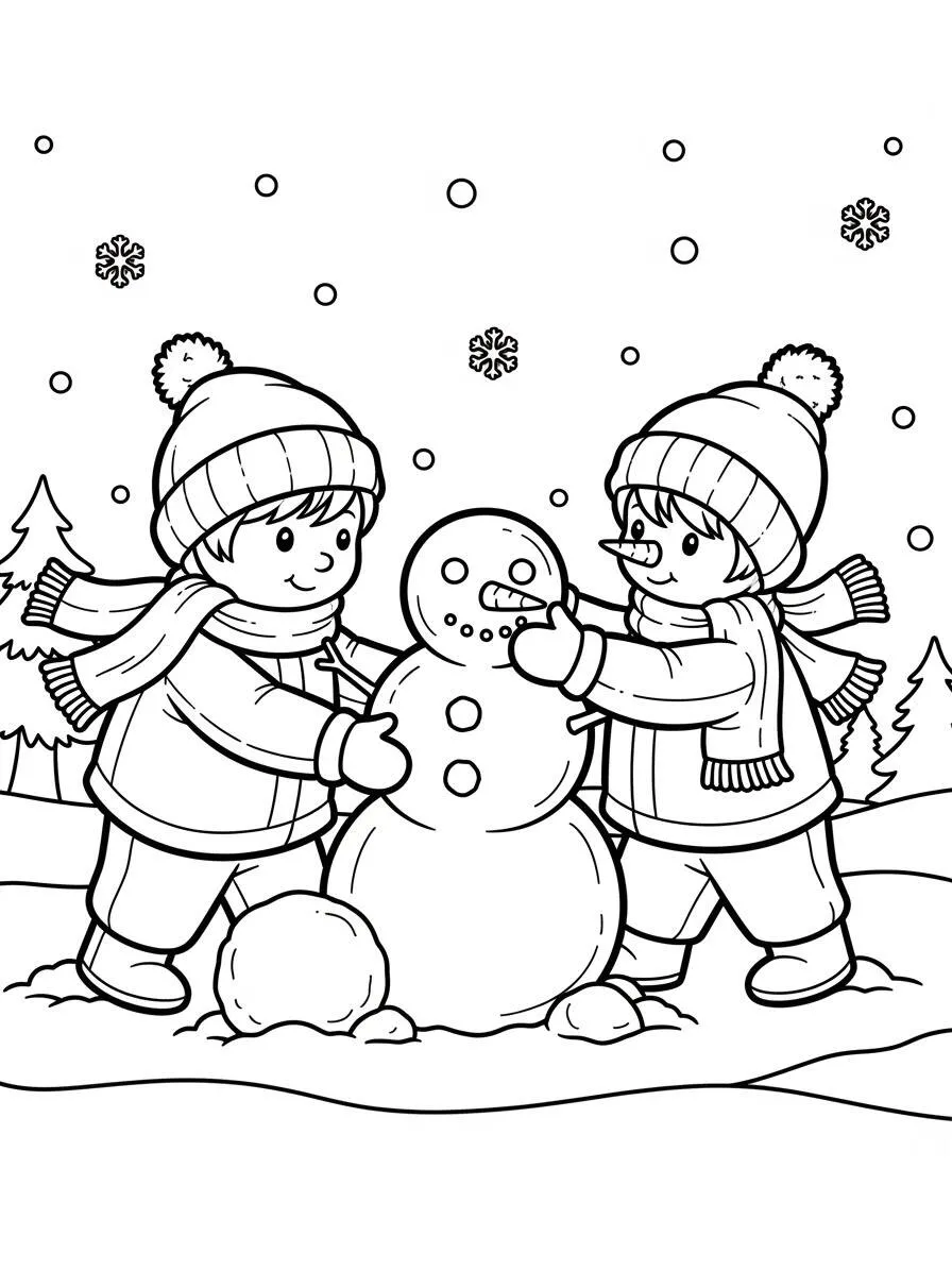 Dibujo para colorear de muñeco de nieve y edificio infantil.