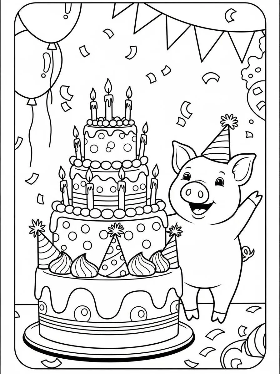 Página para colorear de cerdo feliz con pastel de cumpleaños