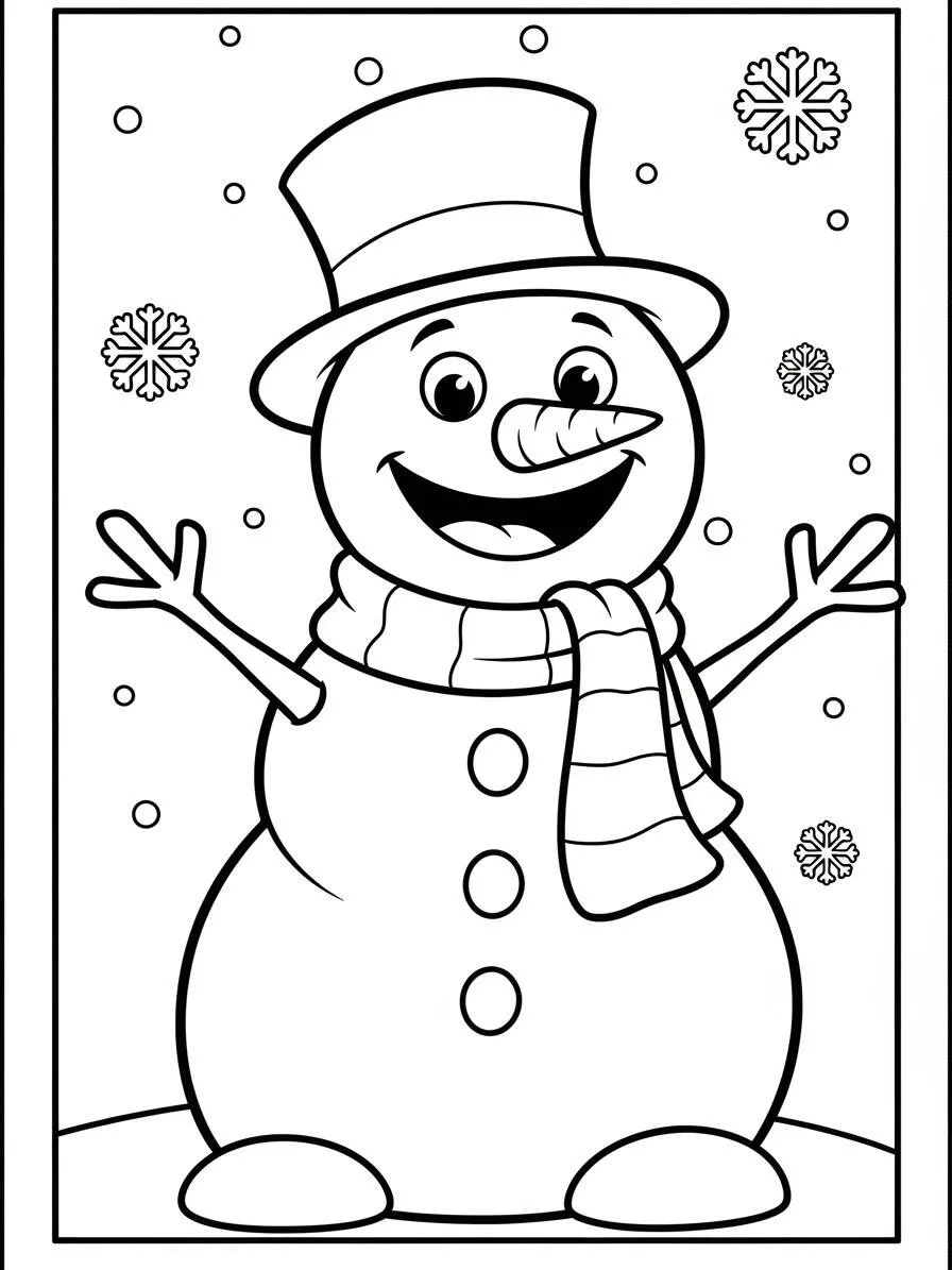 Dibujo de Muñeco de nieve feliz con bufanda y sombrero para colorear