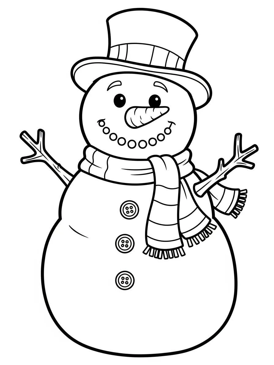 Dibujo de Muñeco de nieve sonriente con sombrero y bufanda para colorear