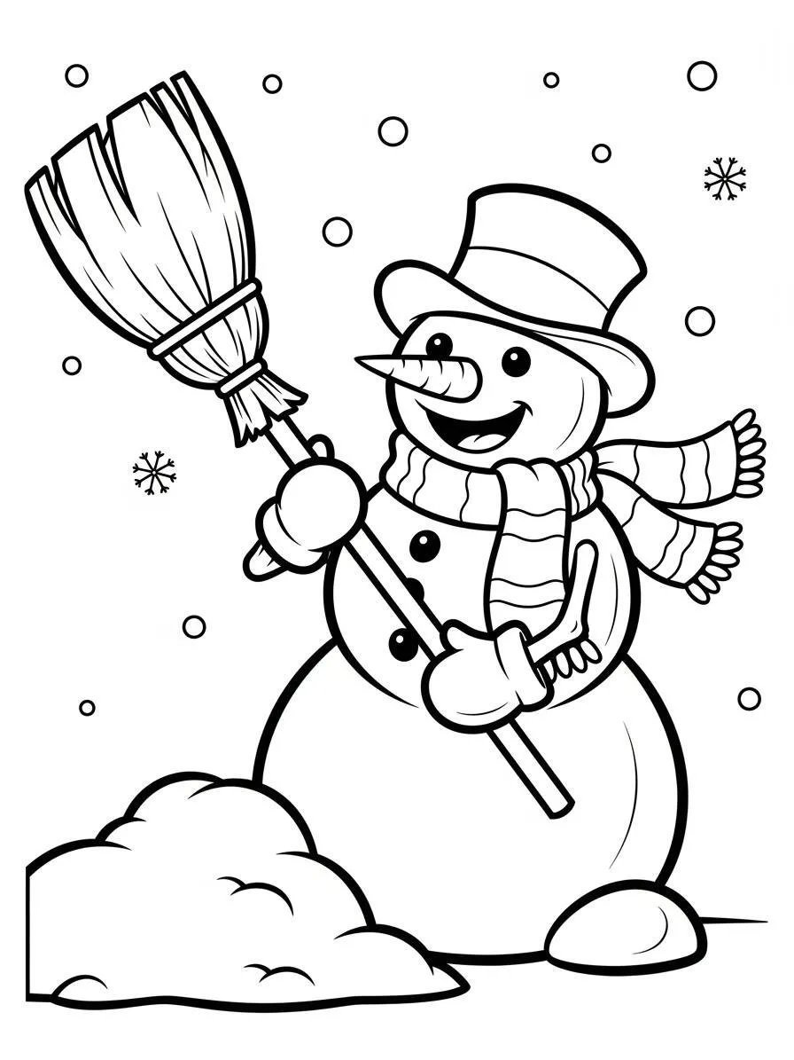 Dibujo de Muñeco de nieve con escoba y sombrero para colorear